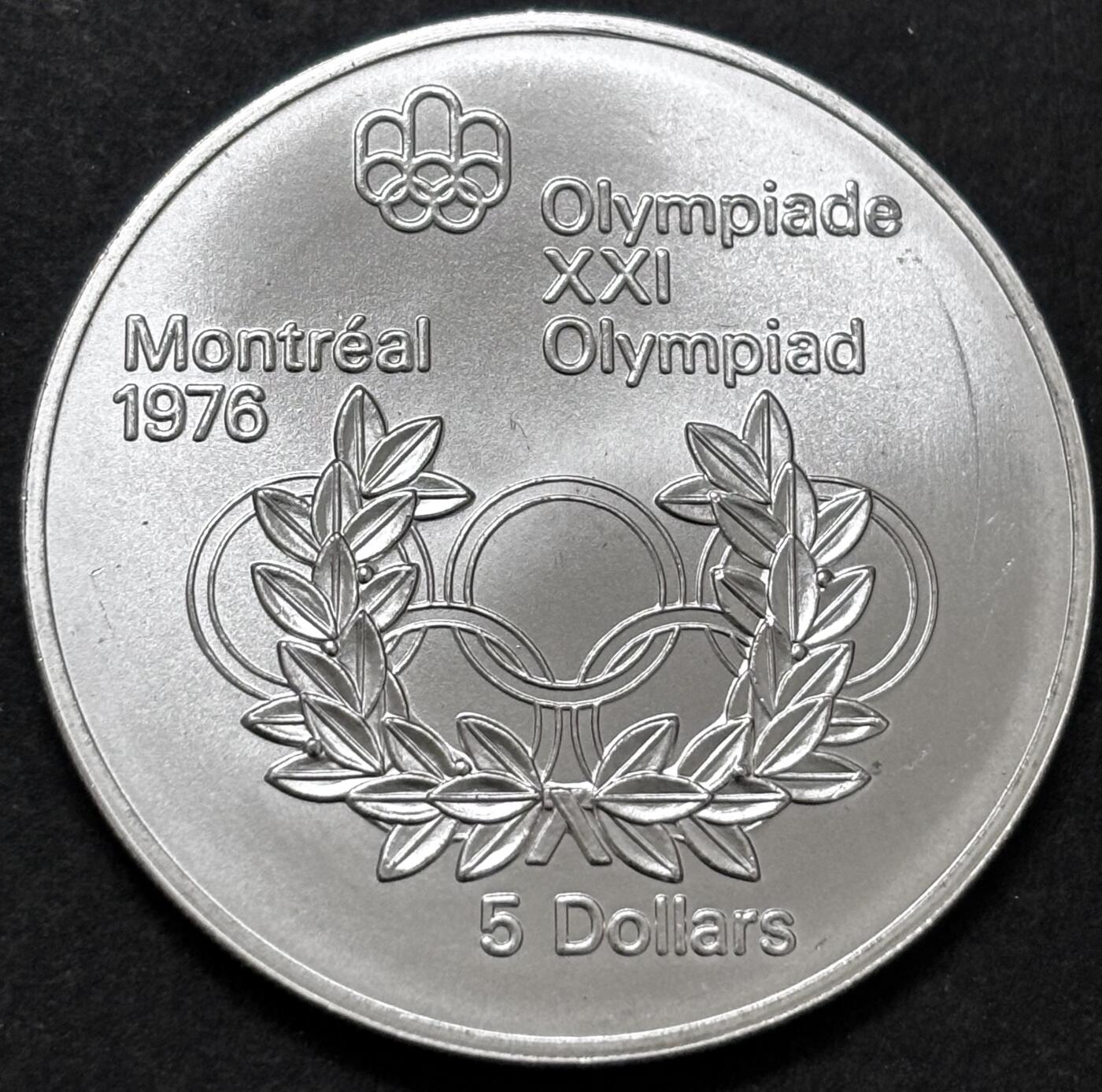 文馨钱币收藏 迎新纳福2026新年第一场（第 287 场）金银老铜币拍卖 原光品相 1974 年加拿大蒙特利亚第 21 届夏季奥林匹克运动会吊环系列赛 5 元纪念大银币，24.3 克 925 高银，品相可评级
