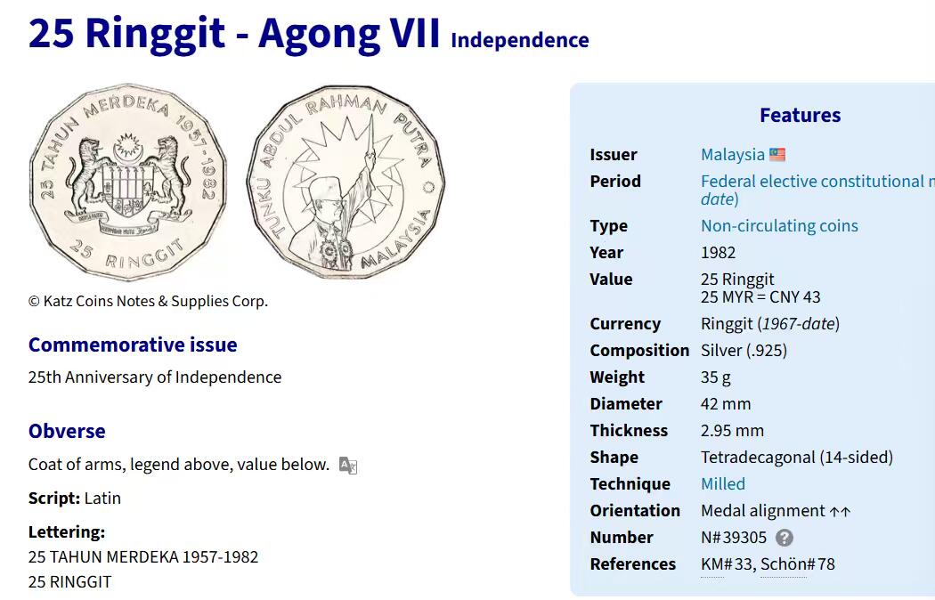 文馨钱币收藏 迎新纳福2026新年第一场（第 287 场）金银老铜币拍卖 原光品相 1982 年马来西亚 25 林吉特大银币，35 克 925 银，比较少见品种