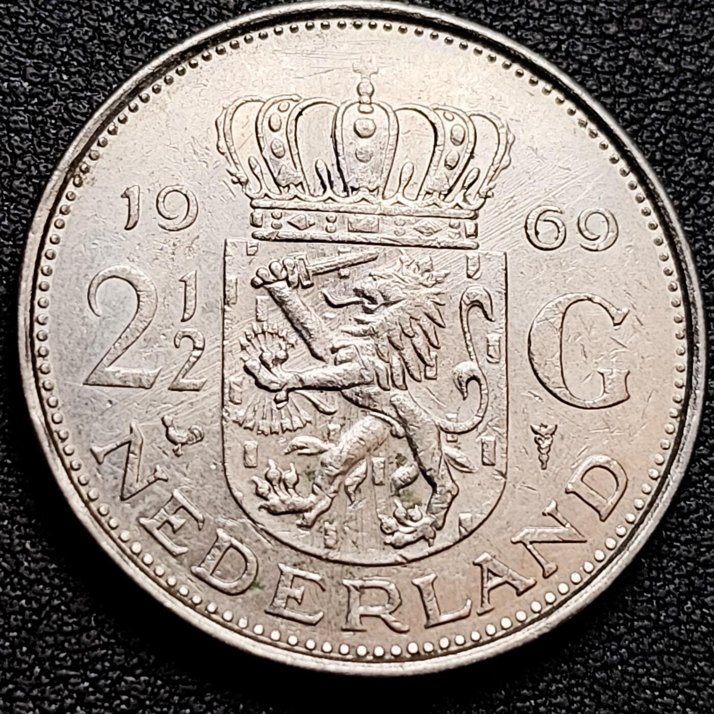 泉币菌-第160场-新年第三场 精品福利场 立狮皇冠 荷兰1969年2.5盾镍制硬币 朱丽安娜女王 29毫米10g