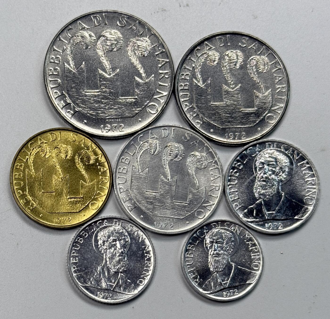 S&S Numismatic世界钱币-拍卖 第117期  圣马力诺1972年 1里拉-100里拉 7枚套币