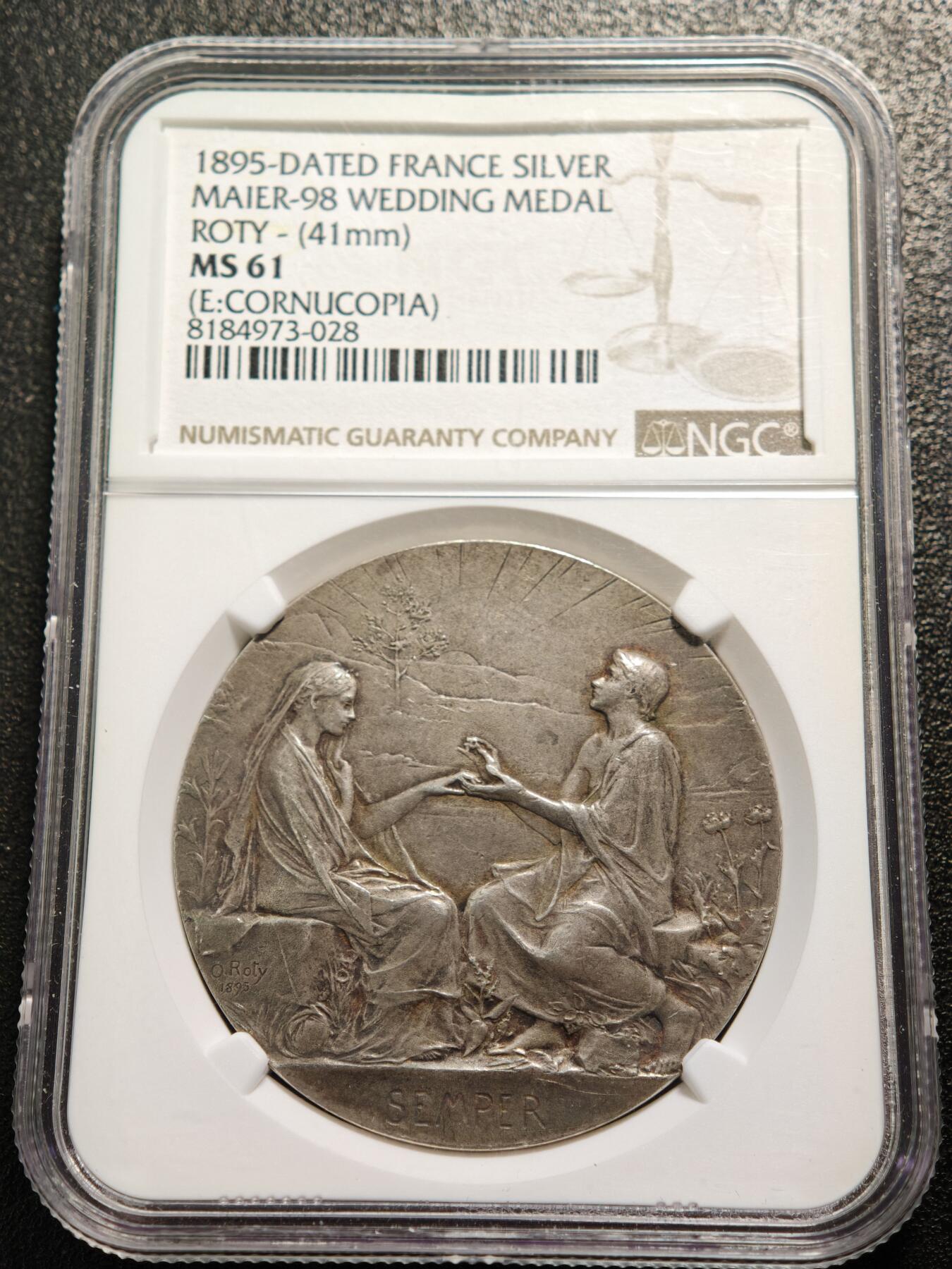 【德藏】世界币章拍卖第160期 1895年法国永恒的爱结婚纪念银章 名家罗蒂作品 NGC MS61 没有刻字 品相状态不错