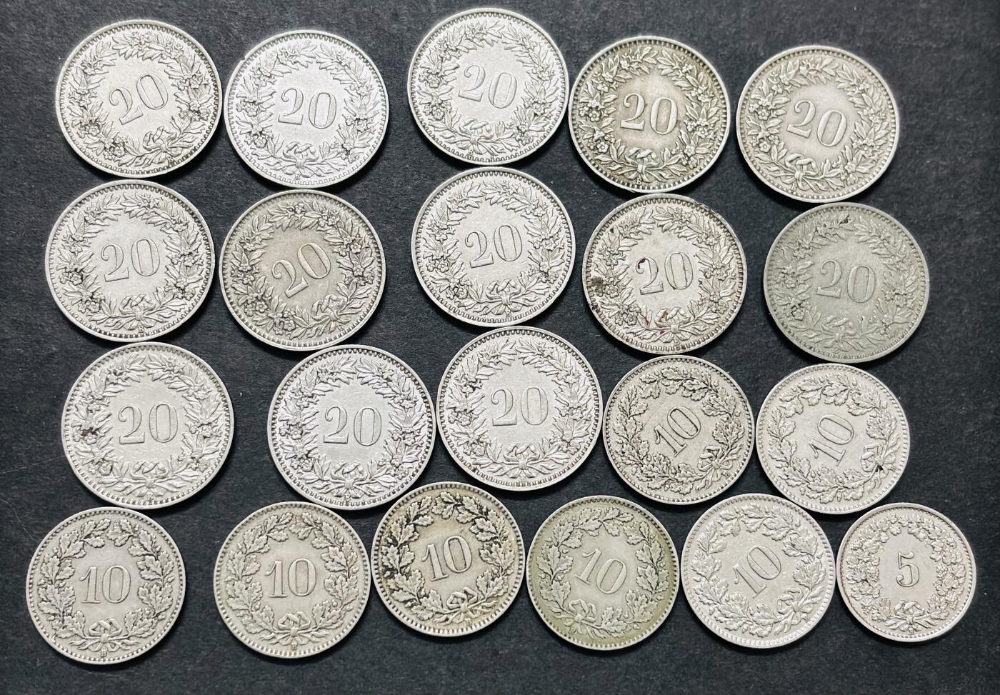 文馨钱币收藏 迎新纳福2026新年第一场（第 287 场）金银老铜币拍卖 少见早期极美品 1920-1939 年瑞士 5-10-20 生丁 21 枚，对应民国 9 年---18 年时期，所见美品网上也要小几十一枚
