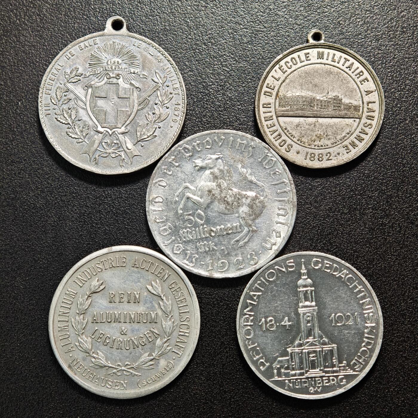 【德藏】世界币章拍卖第160期 5枚一组 德国射击节等白色金属纪念章及德紧时期马币 详细尺寸请看拍品介绍