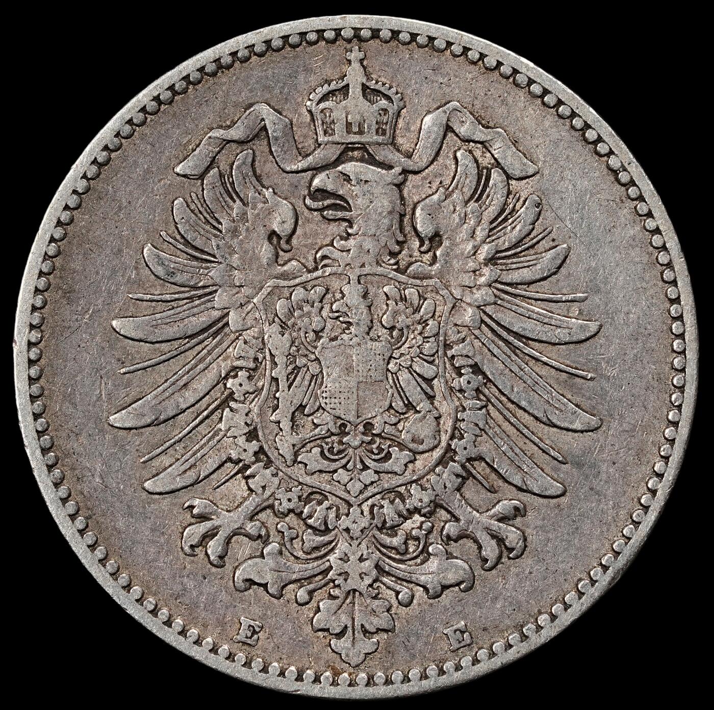 修遠堂世界钱币第一百期 1886年德国1马克银币 E厂铭，5.47g，含银90%，少见厂铭