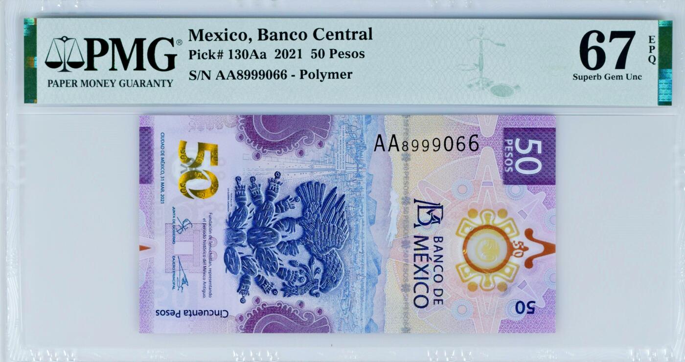 【Blue Auction】世界纸币精拍第771期——18级TOP拍卖/信誉/品质/专业/高效💫 【AA冠倒置号 获奖钞】墨西哥 2021年50比索 PMG67EPQ