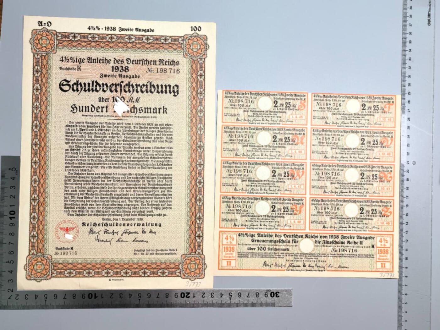 小驴勋章奖章收藏1月2日周五晚六点拍卖（珍爱和平，收藏战争，铭记历史，勿忘国耻，忠党爱国。有偿代拍，送拍规则在简介最后，参拍须阅读规则后再参拍，关系到运费包装发货时效真假辨别等关键信息，拍卖时不再发原图，看大图店主微信码在拍卖店铺介绍里） 1938年100马克国债