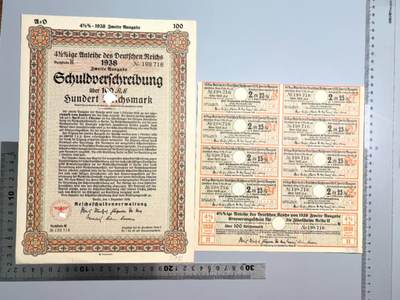 小驴勋章奖章收藏1月2日周五晚六点拍卖（珍爱和平，收藏战争，铭记历史，勿忘国耻，忠党爱国。有偿代拍，送拍规则在简介最后，参拍须阅读规则后再参拍，关系到运费包装发货时效真假辨别等关键信息，拍卖时不再发原图，看大图店主微信码在拍卖店铺介绍里） - 1938年100马克国债