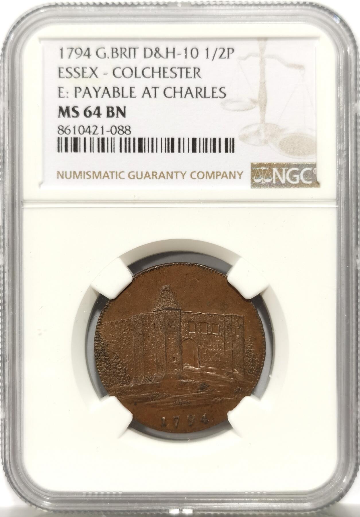 博洋堂“岁启嘉年”2026新年精品大拍专场暨第155期（全场包邮） NGC MS64 英国1794年艾塞克斯郡 科尔切斯特 城堡半便士代用币