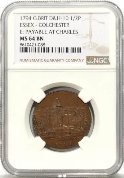 博洋堂“岁启嘉年”2026新年精品大拍专场暨第155期（全场包邮） - NGC MS64 英国1794年艾塞克斯郡 科尔切斯特 城堡半便士代用币