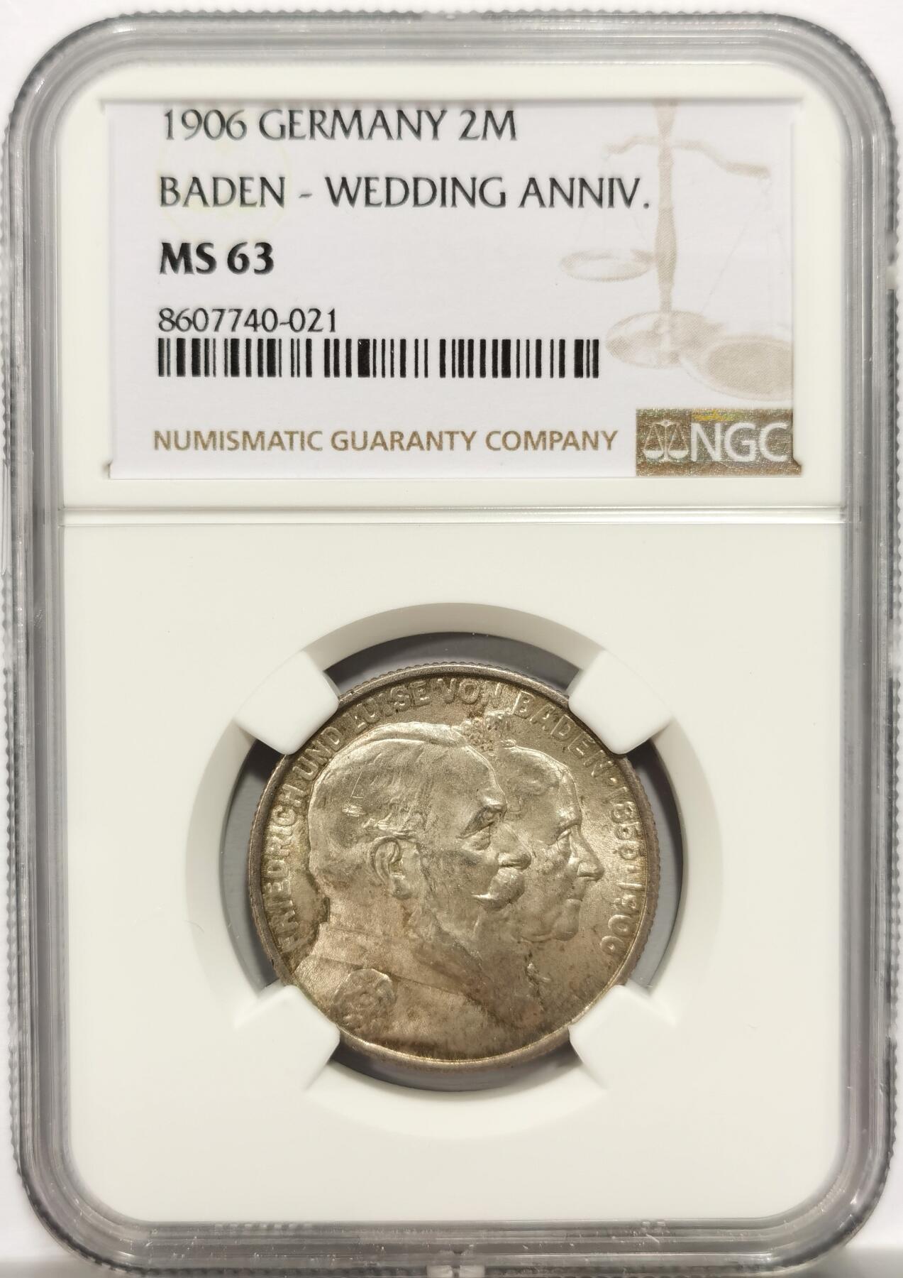 博洋堂“岁启嘉年”2026新年精品大拍专场暨第155期（全场包邮） NGC MS63 德国巴登1906年金婚纪念2马克银币 黄油彩银霜感佳