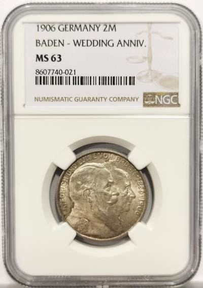 博洋堂“岁启嘉年”2026新年精品大拍专场暨第155期（全场包邮） - NGC MS63 德国巴登1906年金婚纪念2马克银币 黄油彩银霜感佳