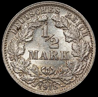 修遠堂世界钱币第一百期 - 1915年德国1/2马克银币 F厂铭，未流通，2.77g，含银90%
