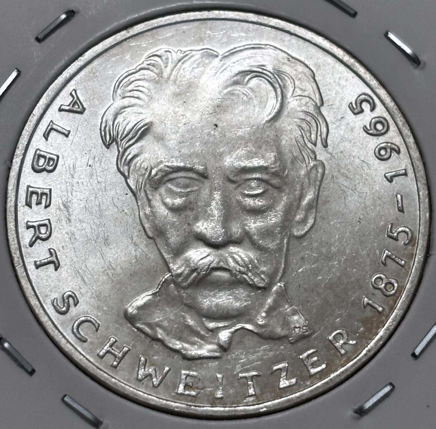 文馨钱币收藏 迎新纳福2026新年第一场（第 287 场）金银老铜币拍卖 原光品相 1975 年德国神算家阿尔伯特施韦策诞辰 100 周年 5 马克纪念银币 11.2 克 625 银，品相可评级