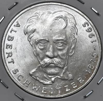 文馨钱币收藏 迎新纳福2026新年第一场（第 287 场）金银老铜币拍卖 - 原光品相 1975 年德国神算家阿尔伯特施韦策诞辰 100 周年 5 马克纪念银币 11.2 克 625 银，品相可评级