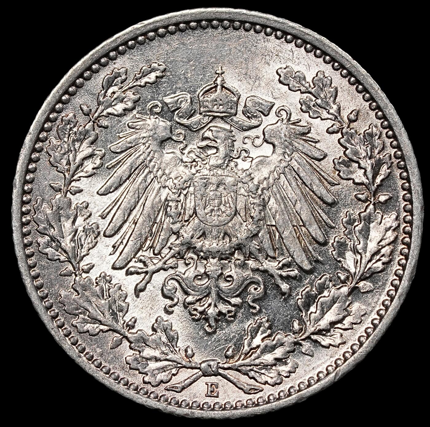 修遠堂世界钱币第一百期 1909年德国1/2马克银币 E厂铭，少见的年份和厂铭，未流通，2.77g，含银90%