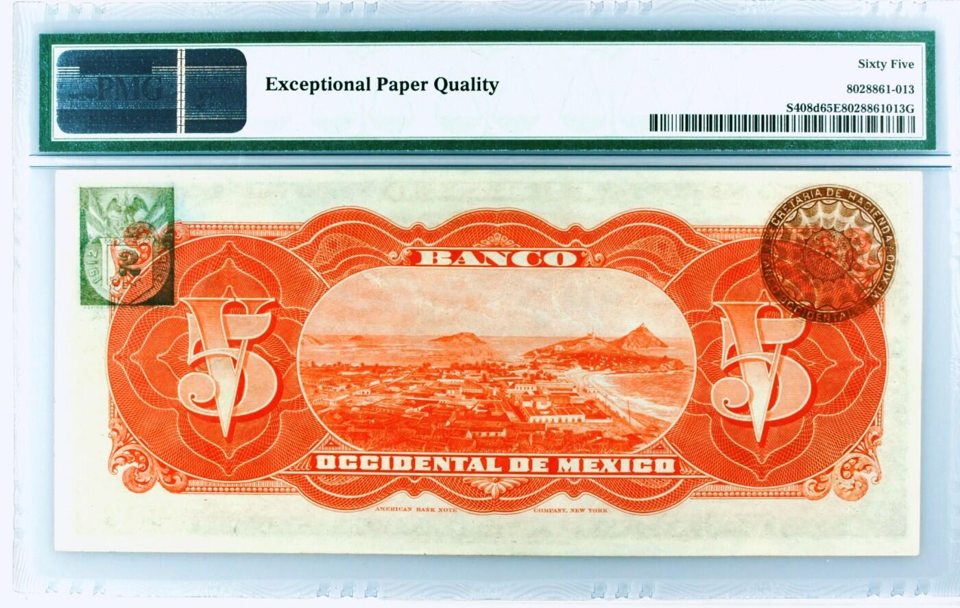 【Blue Auction】世界纸币精拍第771期——18级TOP拍卖/信誉/品质/专业/高效💫  【百年前实钞 唯一冠军分绝品 极罕见】墨西哥 1913年5比索 PMG65EPQ 历经110年油墨依旧光鲜凹凸感好 亚军分仅53 美女与双大场景非常漂亮 背面是墨西哥西部太平洋沿岸最大港口和游览胜地——马萨特兰 收藏级 远比样钞稀罕 可遇不可求
