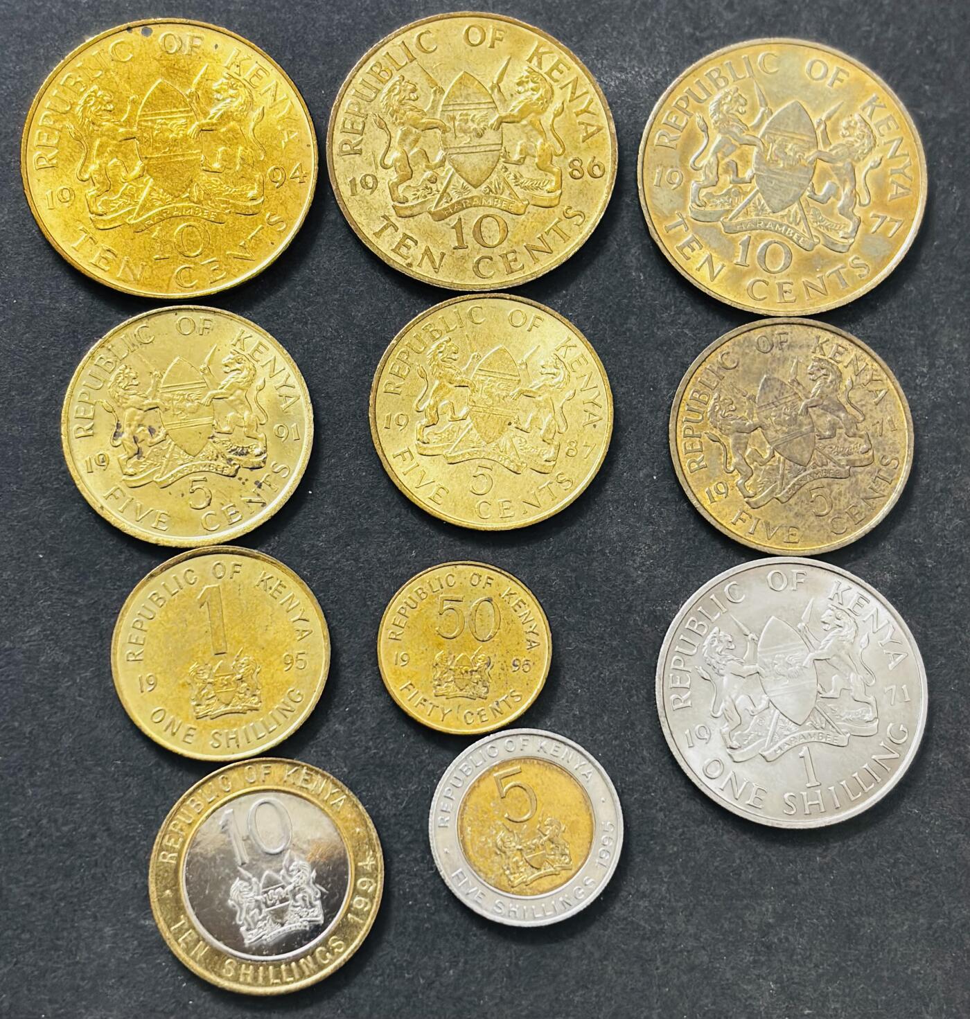 文馨钱币收藏 迎新纳福2026新年第一场（第 287 场）金银老铜币拍卖 原铜光，原光好品早期肯尼亚铜镍币5 分-10 先令双色币一组 11 枚