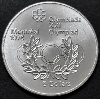 文馨钱币收藏 迎新纳福2026新年第一场（第 287 场）金银老铜币拍卖 - 原光品相 1974 年加拿大蒙特利亚第 21 届夏季奥林匹克运动会吊环系列赛 5 元纪念大银币，24.3 克 925 高银，品相可评级