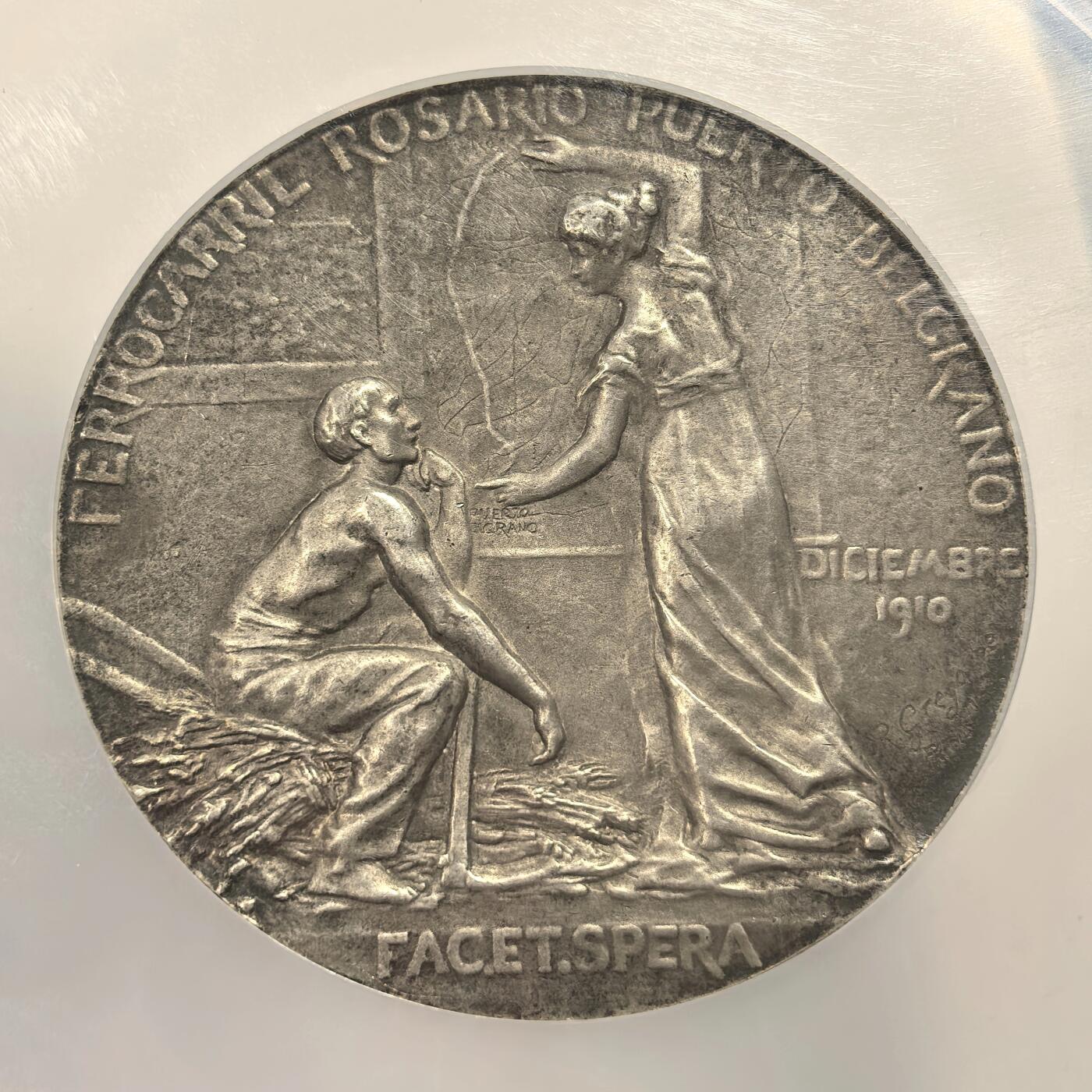 博洋堂“岁启嘉年”2026新年精品大拍专场暨第155期（全场包邮） NGC MS62 阿根廷1910年铁路开通纪念。58mm超大银章，背面是铁路开通路线及站台街景。