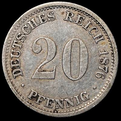 修遠堂世界钱币第一百期 - 1876年德国20芬尼银币 D厂铭 1.07g，90%银