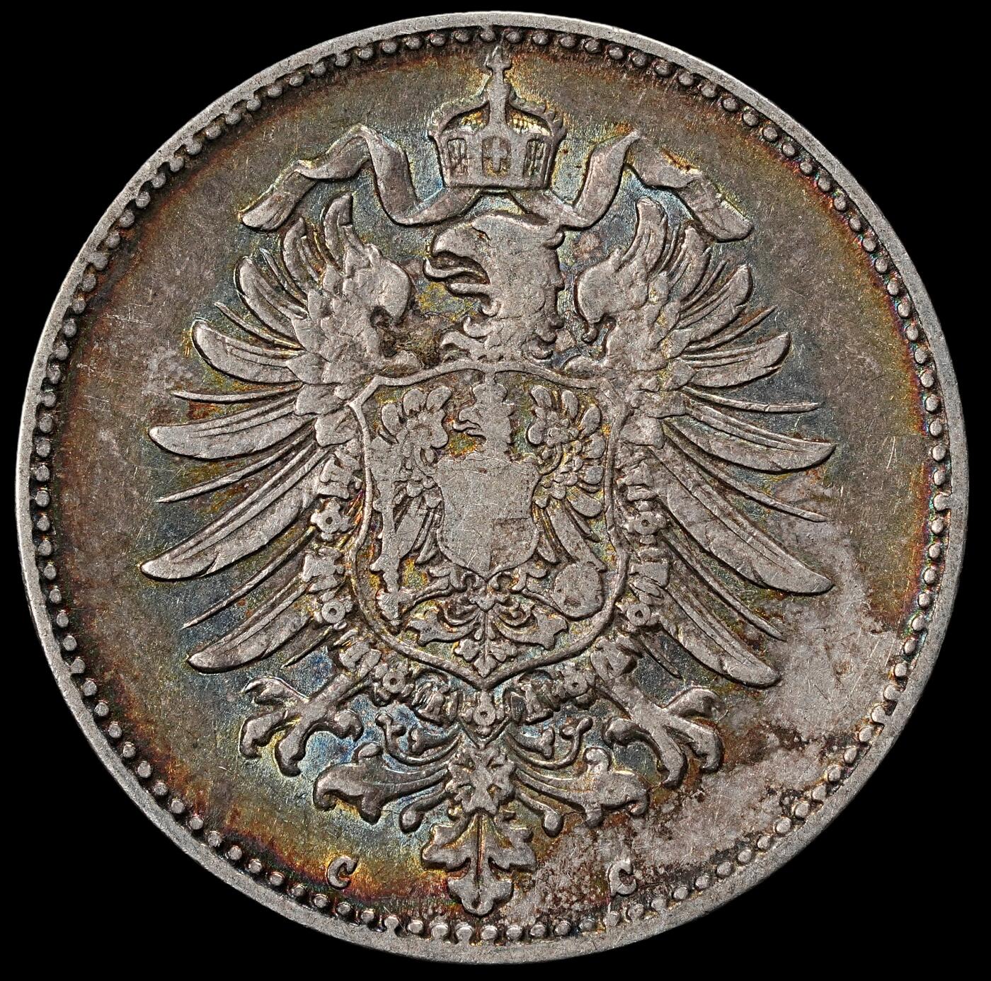 修遠堂世界钱币第一百期 1874年德国1马克银币 C厂铭，5.49g，含银90%，少见的厂铭