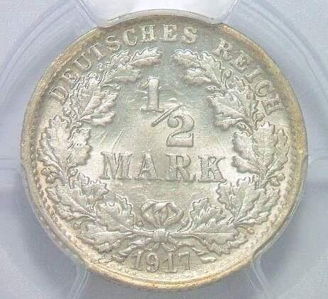 【旋风钱币】1月10日19:00准时开拍 精美欧洲币章、银币银章、第三帝国钱币等 全场包邮！ 【银】稀年 PCGS MS65 一战德国1917年F版1/2马克银币 开卷原光