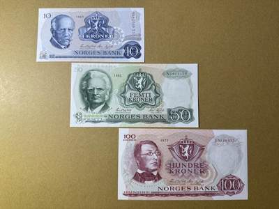 《艾美收藏》第227期-1.3周六外币黄金场-马年首拍 - 挪威10、50、100克朗3张 UNC 70-80年代版本