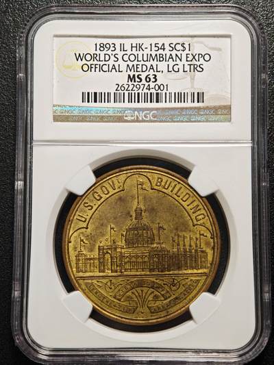【德藏】世界币章拍卖第160期 - 1893年 美国哥伦比亚世博会纪念铜章 NGC MS63 正面是哥伦比亚世博会主馆的建筑物，背面记录世博会文字。品相完好，少见品种