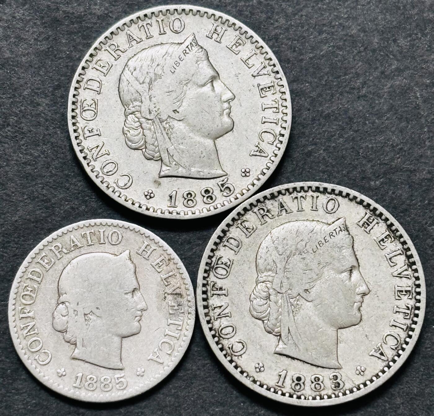 文馨钱币收藏 迎新纳福2026新年第一场（第 287 场）金银老铜币拍卖 少见年份好品 1883-1885 年瑞士 5-20 生丁 3 枚，对应清光绪时期，网上随便一个这种年份也要大几十甚至过百一个