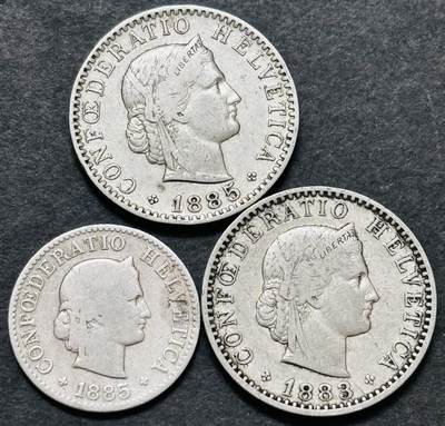 文馨钱币收藏 迎新纳福2026新年第一场（第 287 场）金银老铜币拍卖 - 少见年份好品 1883-1885 年瑞士 5-20 生丁 3 枚，对应清光绪时期，网上随便一个这种年份也要大几十甚至过百一个