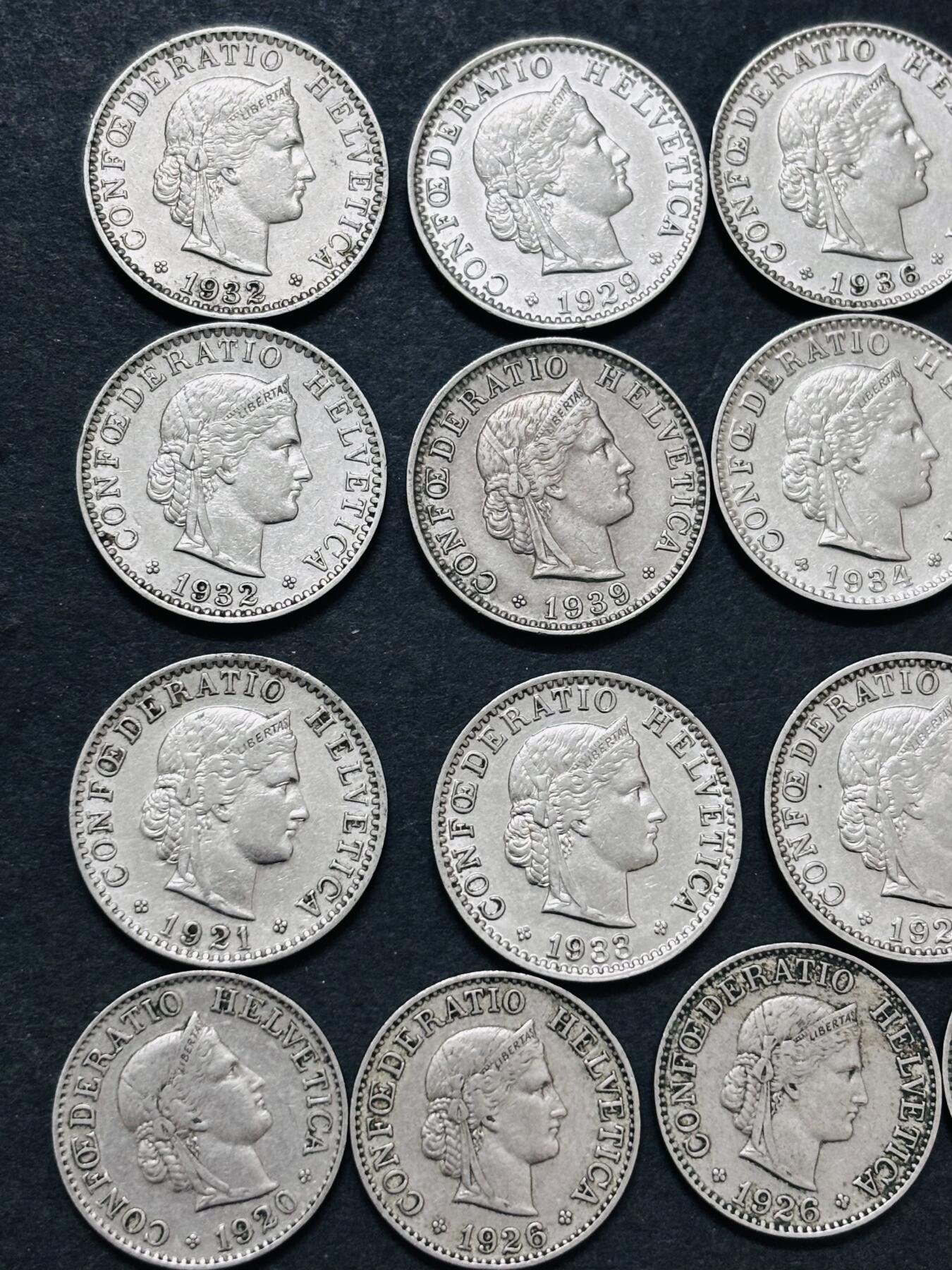 文馨钱币收藏 迎新纳福2026新年第一场（第 287 场）金银老铜币拍卖 少见早期极美品 1920-1939 年瑞士 5-10-20 生丁 21 枚，对应民国 9 年---18 年时期，所见美品网上也要小几十一枚
