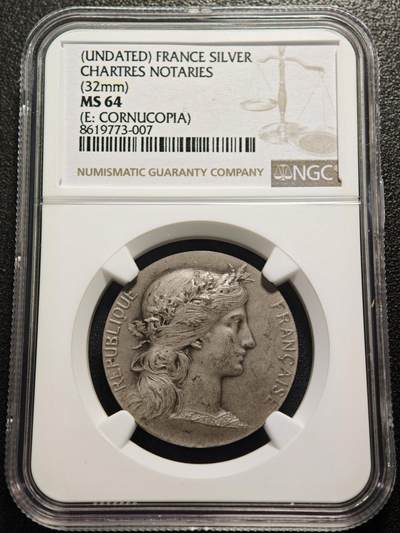 【德藏】世界币章拍卖第160期 - 19世纪 法国沙特尔公证人女神纪念银章代用币 NGC MS64 人物立体 盾徽细节丰富