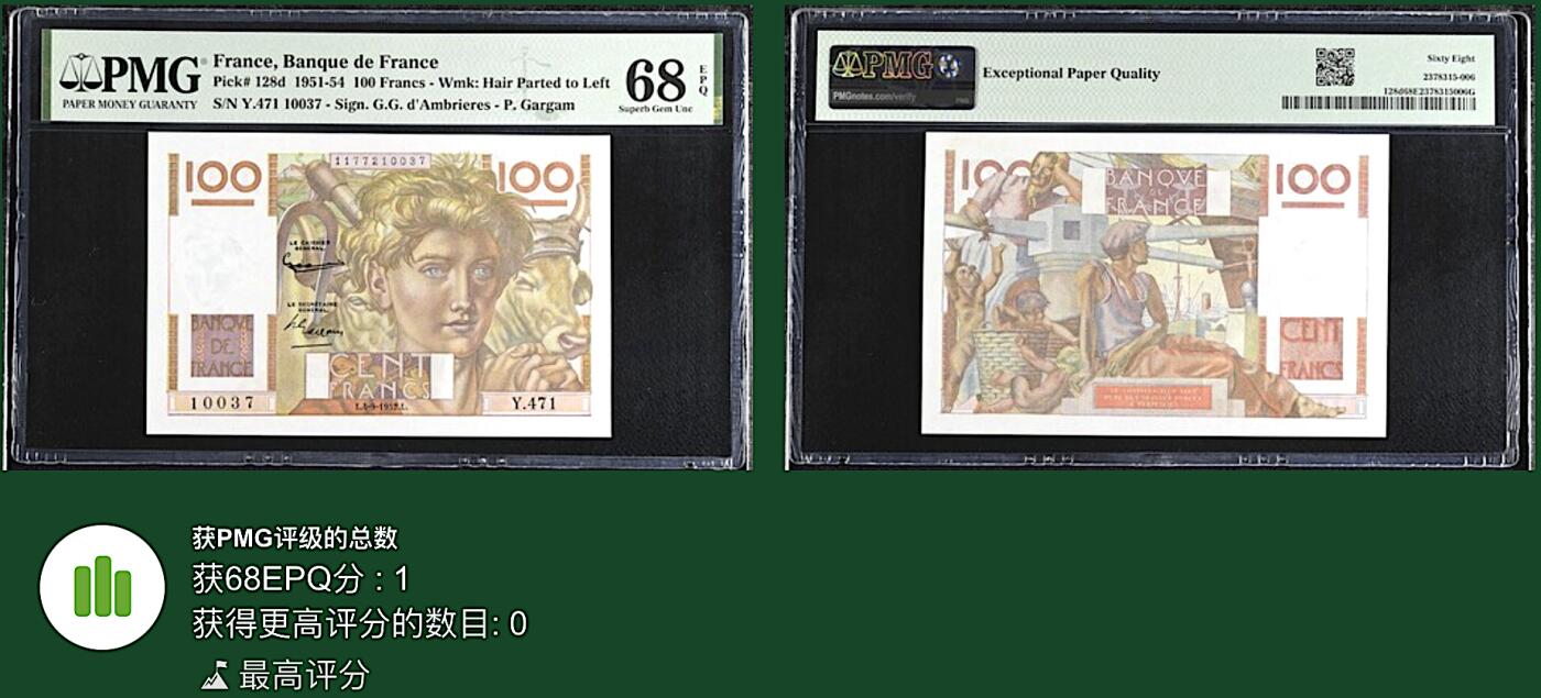 《艾美收藏》第227期-1.3周六外币黄金场-马年首拍 法国100法郎 PMG68E 1952年老版本 唯一冠军分