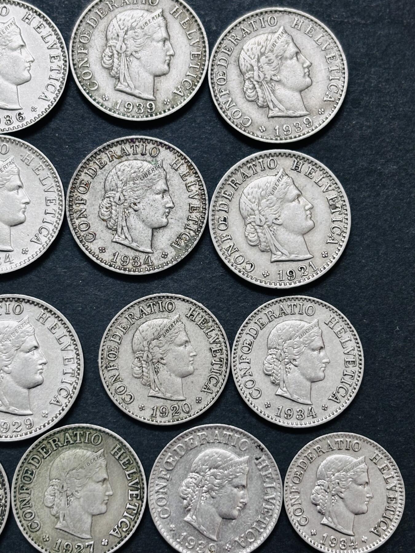 文馨钱币收藏 迎新纳福2026新年第一场（第 287 场）金银老铜币拍卖 少见早期极美品 1920-1939 年瑞士 5-10-20 生丁 21 枚，对应民国 9 年---18 年时期，所见美品网上也要小几十一枚