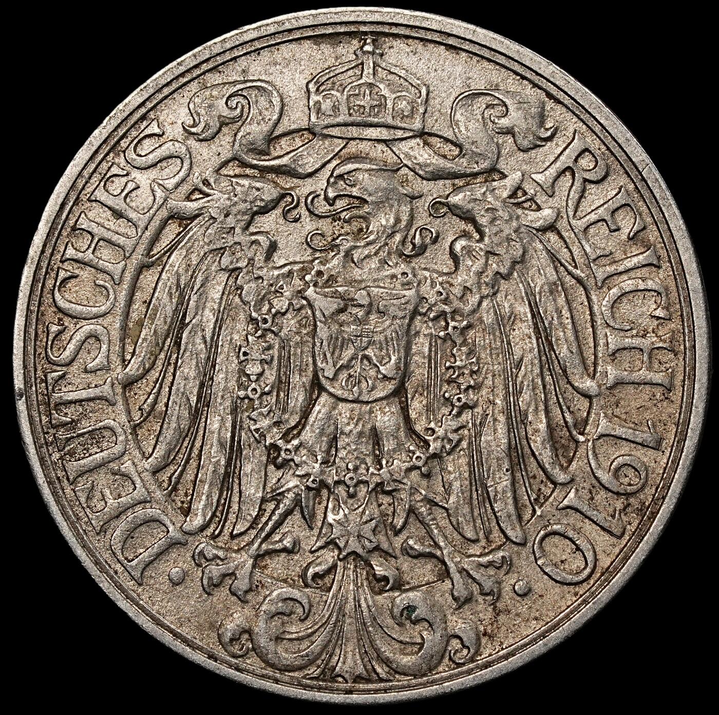 修遠堂世界钱币第一百期 1910年德国25芬尼 E厂铭，铜镍合金