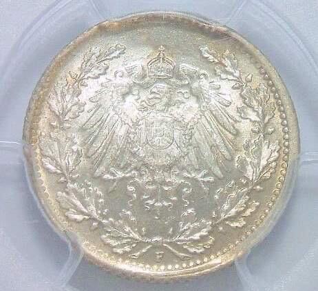 【旋风钱币】1月10日19:00准时开拍 精美欧洲币章、银币银章、第三帝国钱币等 全场包邮！ 【银】稀年 PCGS MS65 一战德国1917年F版1/2马克银币 开卷原光