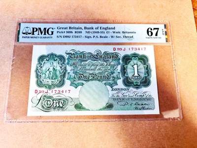 【Blue Auction】世界纸币精拍第771期——18级TOP拍卖/信誉/品质/专业/高效💫 - 英国 A序列 1949-55年1镑 PMG67EPQ 高分