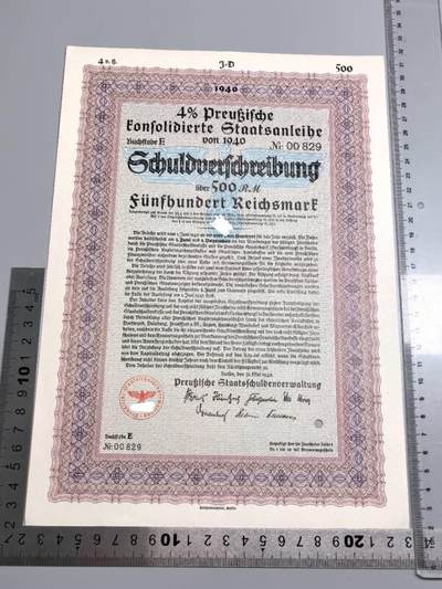 小驴勋章奖章收藏1月2日周五晚六点拍卖（珍爱和平，收藏战争，铭记历史，勿忘国耻，忠党爱国。有偿代拍，送拍规则在简介最后，参拍须阅读规则后再参拍，关系到运费包装发货时效真假辨别等关键信息，拍卖时不再发原图，看大图店主微信码在拍卖店铺介绍里） - 1940年500马克国债