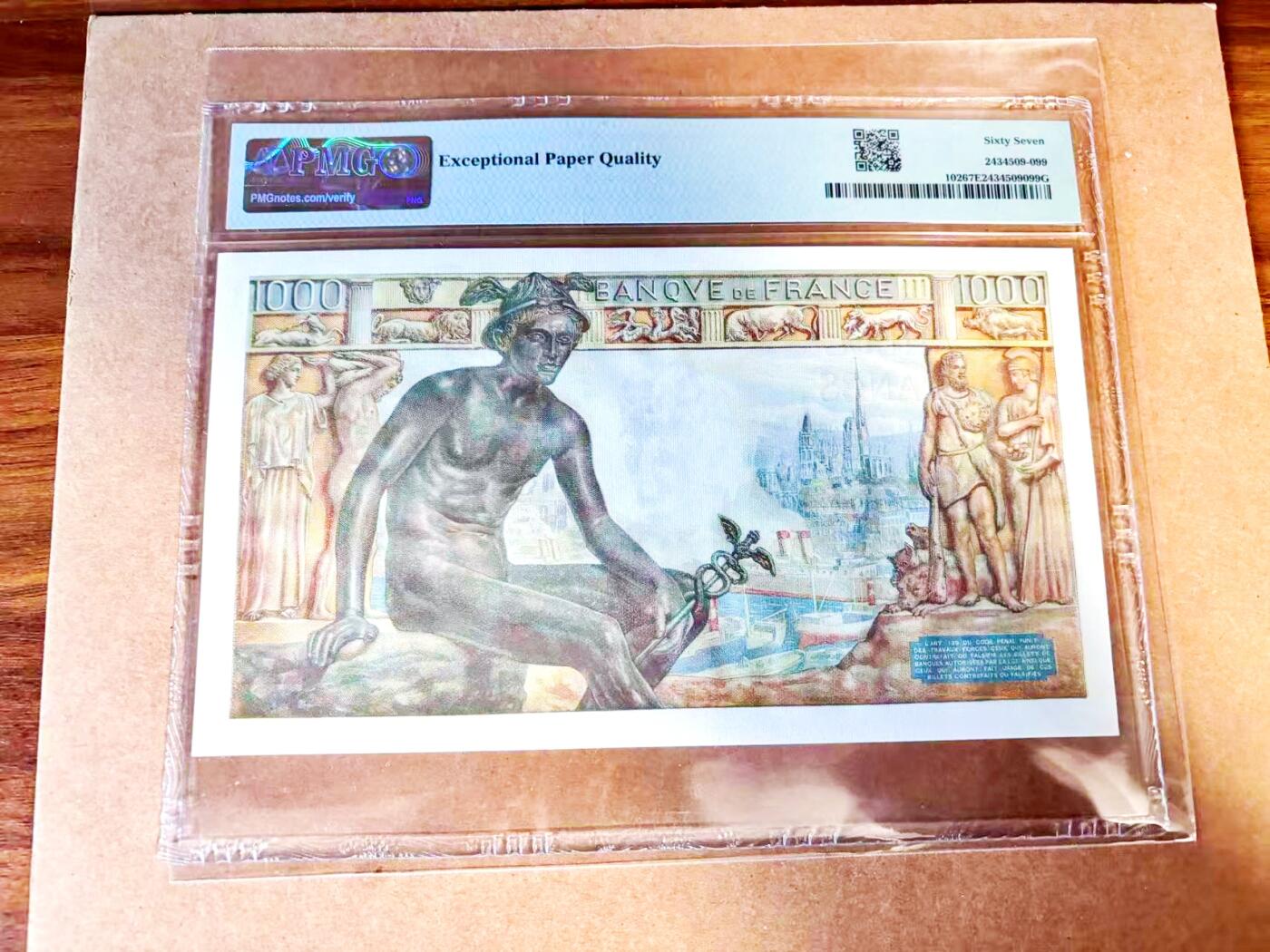 【Blue Auction】世界纸币精拍第771期——18级TOP拍卖/信誉/品质/专业/高效💫 法国 1943年1000法郎 大票幅 墨丘利 PMG67EPQ 