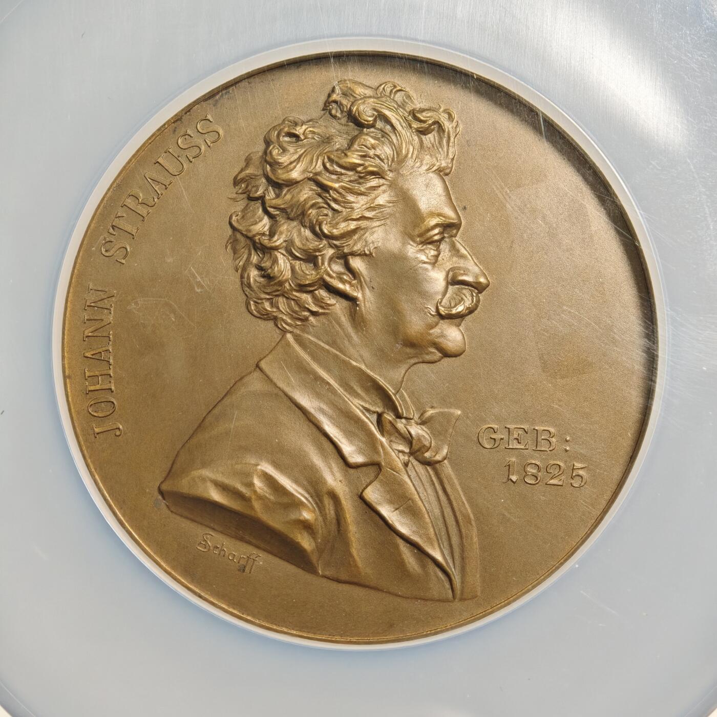【德藏】世界币章拍卖第160期 1825年奥地利音乐家约翰施特劳斯大铜章 名家沙夫作品 NGC MS65 顶级品相状态 