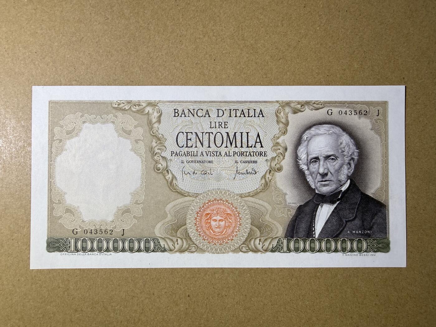 《艾美收藏》第227期-1.3周六外币黄金场-马年首拍 意大利100000里拉 UNC 1970年 意大利作家曼佐尼 稀少品种