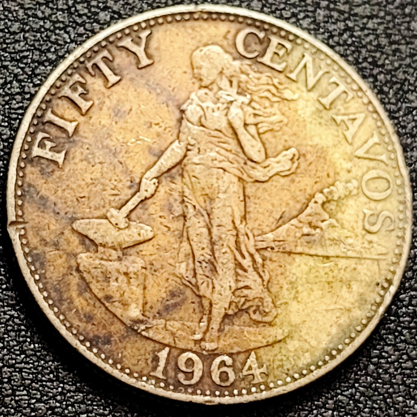 泉币菌-第160场-新年第三场 精品福利场 大镍币 菲律宾50分1964年 直径30mm 火山打铁女神