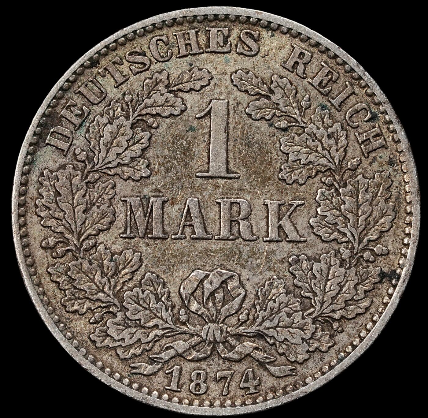 修遠堂世界钱币第一百期 1874年德国1马克银币 H厂铭，5.52g，含银90%