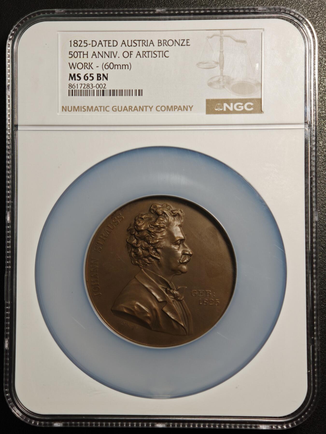 【德藏】世界币章拍卖第160期 1825年奥地利音乐家约翰施特劳斯大铜章 名家沙夫作品 NGC MS65 顶级品相状态 