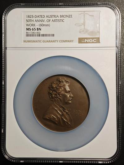 【德藏】世界币章拍卖第160期 - 1825年奥地利音乐家约翰施特劳斯大铜章 名家沙夫作品 NGC MS65 顶级品相状态 