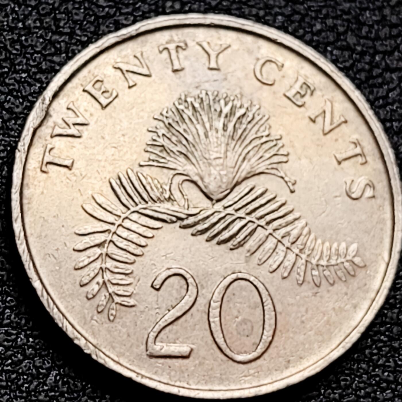 泉币菌-第160场-新年第三场 精品福利场 1990年 高币值 新加坡20分 绒球花 高盾徽版 直径21.36mm