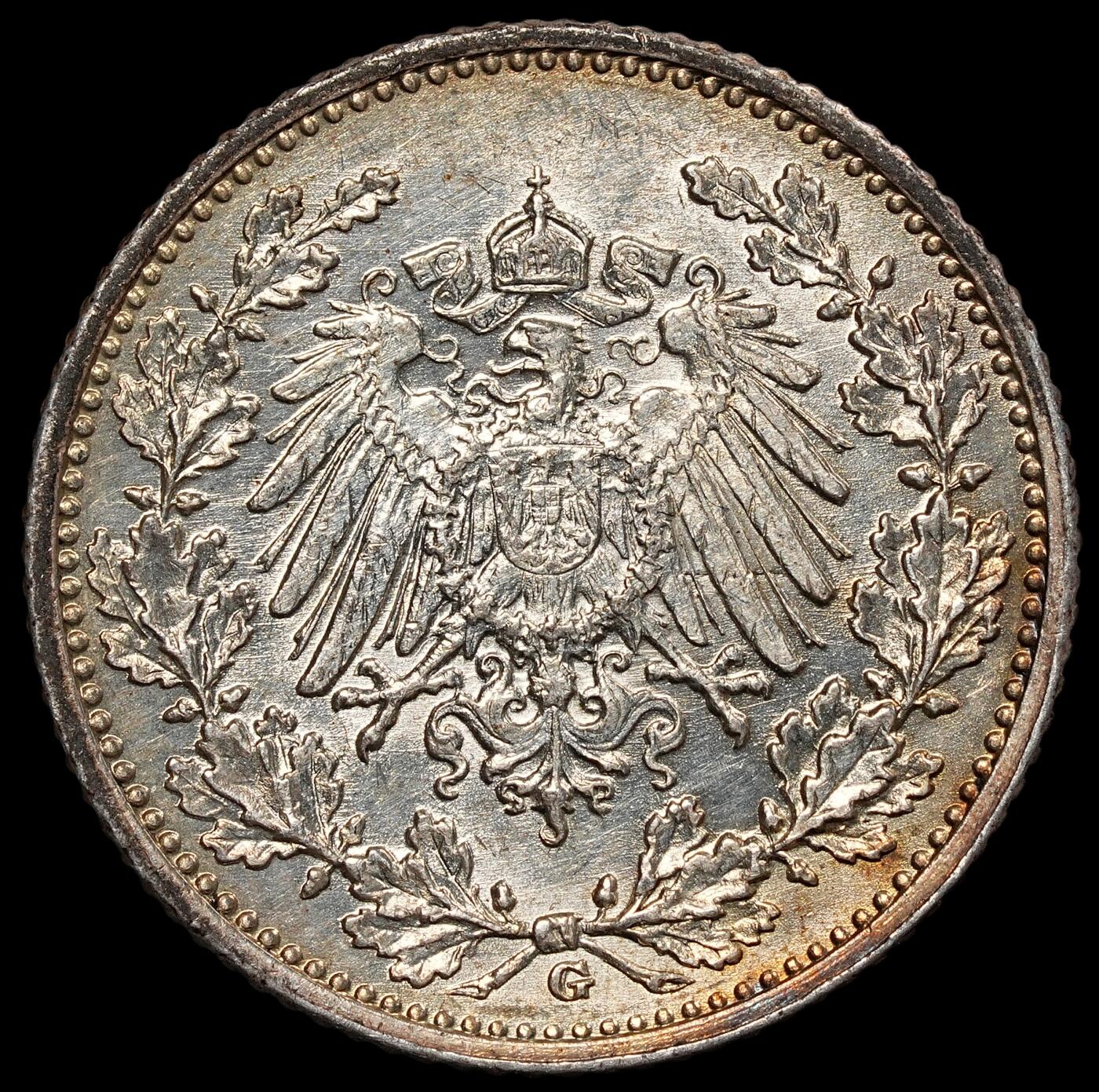 修遠堂世界钱币第一百期 1915年德国1/2马克银币 G厂铭，未流通，2.77g，含银90%