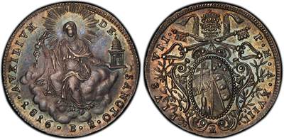 博洋堂“岁启嘉年”2026新年精品大拍专场暨第155期（全场包邮） - PCGS MS64 冠军分！教皇国1816年1/2Scudo银币，博洛尼亚铸，教皇国早期币制中的高颜值半斯库多。醇厚五彩包浆，状态天花板。正面为云中端坐的女性拟人形象，象征天主教会，手持钥匙与教会象征，构图宏大而柔和；背面教皇纹章与钥匙、伞徽组合，细节锋利，整体转光完整，观感远胜普通高分照。同款NGC MS64冠军分今年十一月底国际拍卖成交2200瑞士法郎（不含佣），折合人民币约20000左右