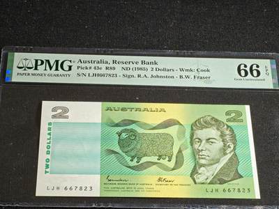 刘世昌艺术品销售中心～虎踞龙蟠*金杨在线联拍群第513期 - 澳大利亚1985年2元（PMG 66E 号码：LJH667823）1枚。
