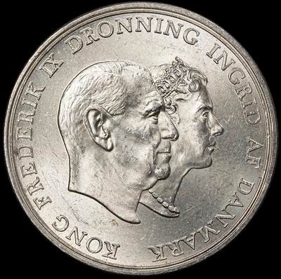 修遠堂世界钱币第一百期 - 1960年丹麦国王银婚纪念5克朗银币 17g，含银80%